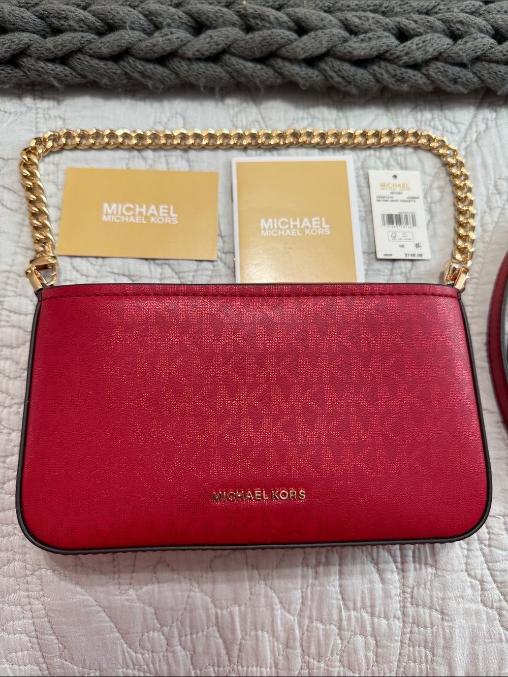 Michael Kors Red Shoulder Bag with Gold Chain Handle and Adjustable Strap